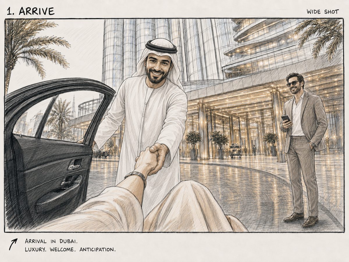 Storyboardframe 1, Arrive: de gast wordt bij het autoportier begroet voor de ingang van een hotel in Dubai.