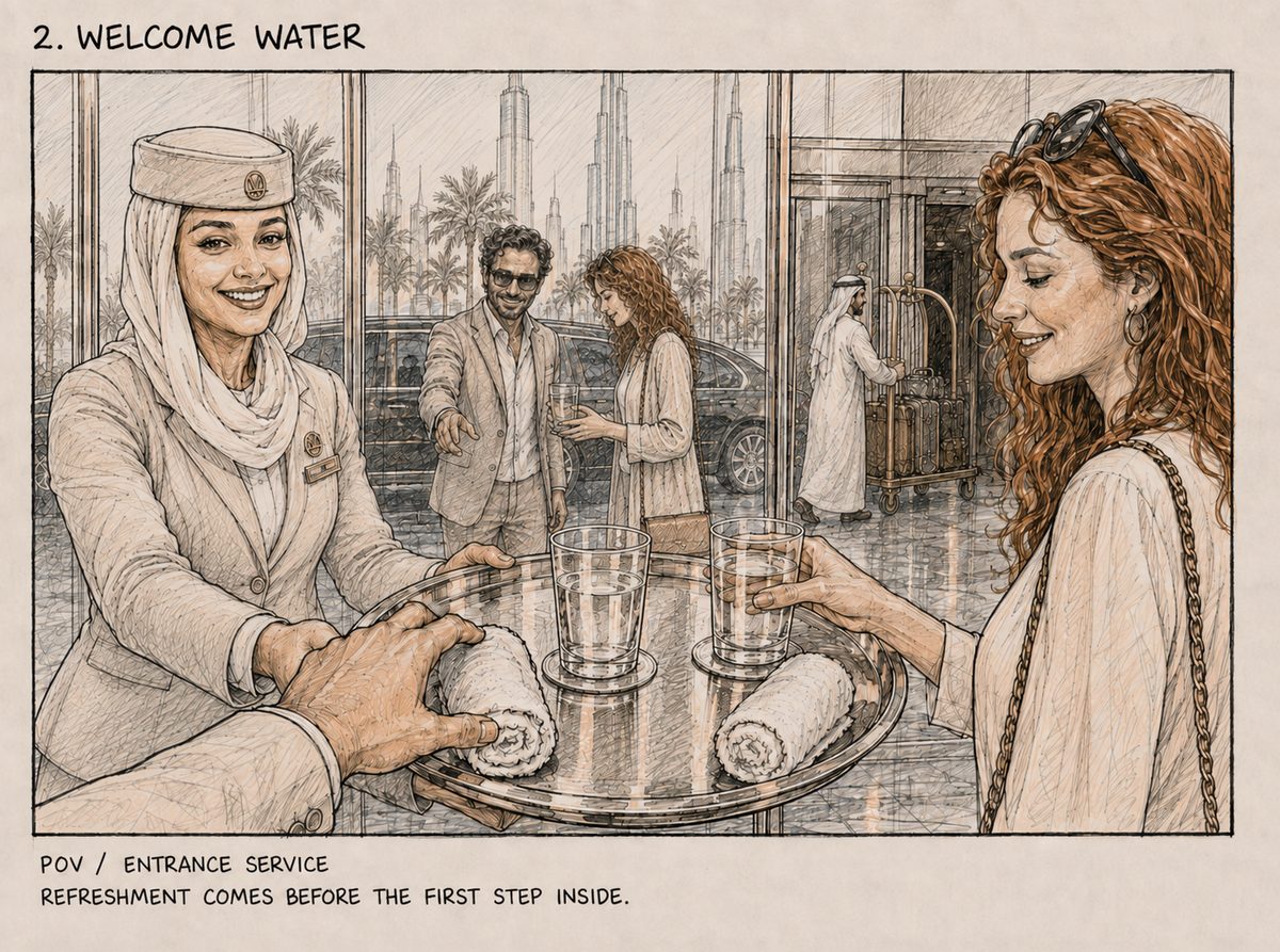Storyboardframe 2, Welcome Water: een medewerkster biedt bij de entree water en koele handdoekjes aan op een dienblad.