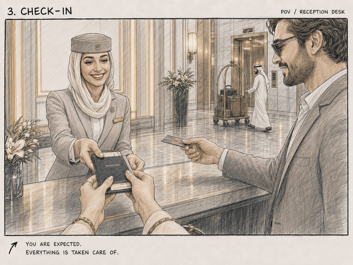 Storyboardframe 3, Check-in: aan de receptie worden de documenten overhandigd.