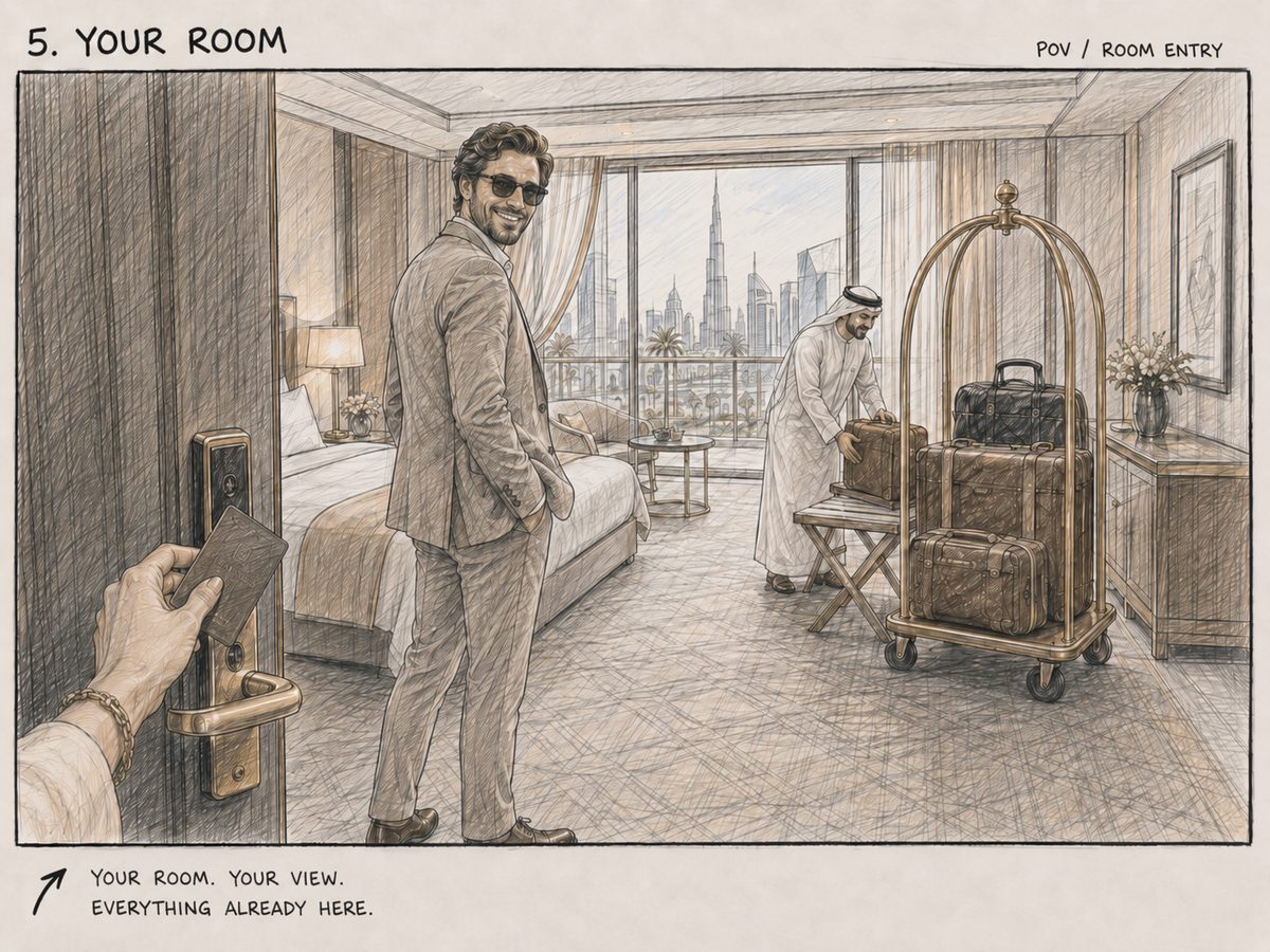 Storyboardframe 5, Your Room: de deur opent naar de kamer met uitzicht over de stad.