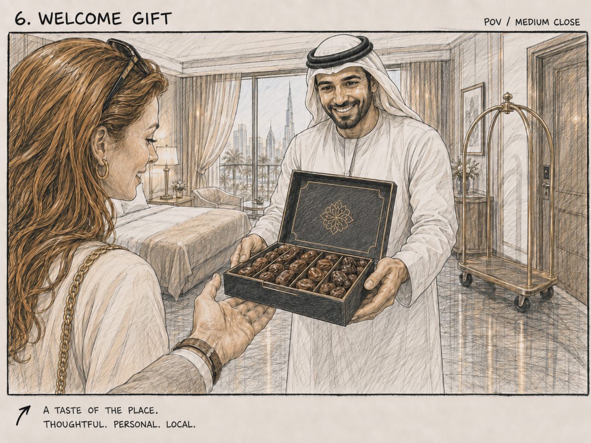 Storyboardframe 6, Welcome Gift: een kistje met lokale lekkernijen wordt aangeboden.