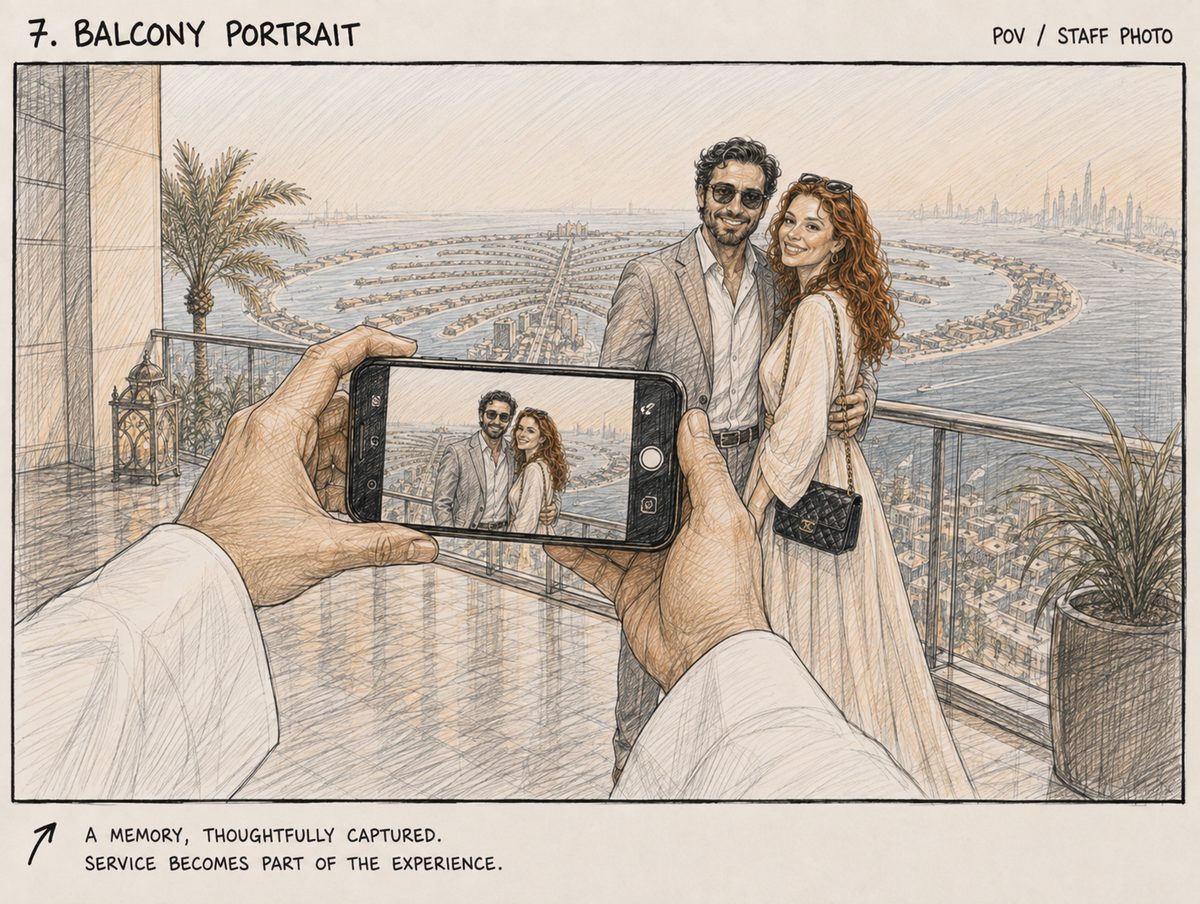 Storyboardframe 7, Balcony Portrait: een medewerker fotografeert het paar op het balkon boven het water.