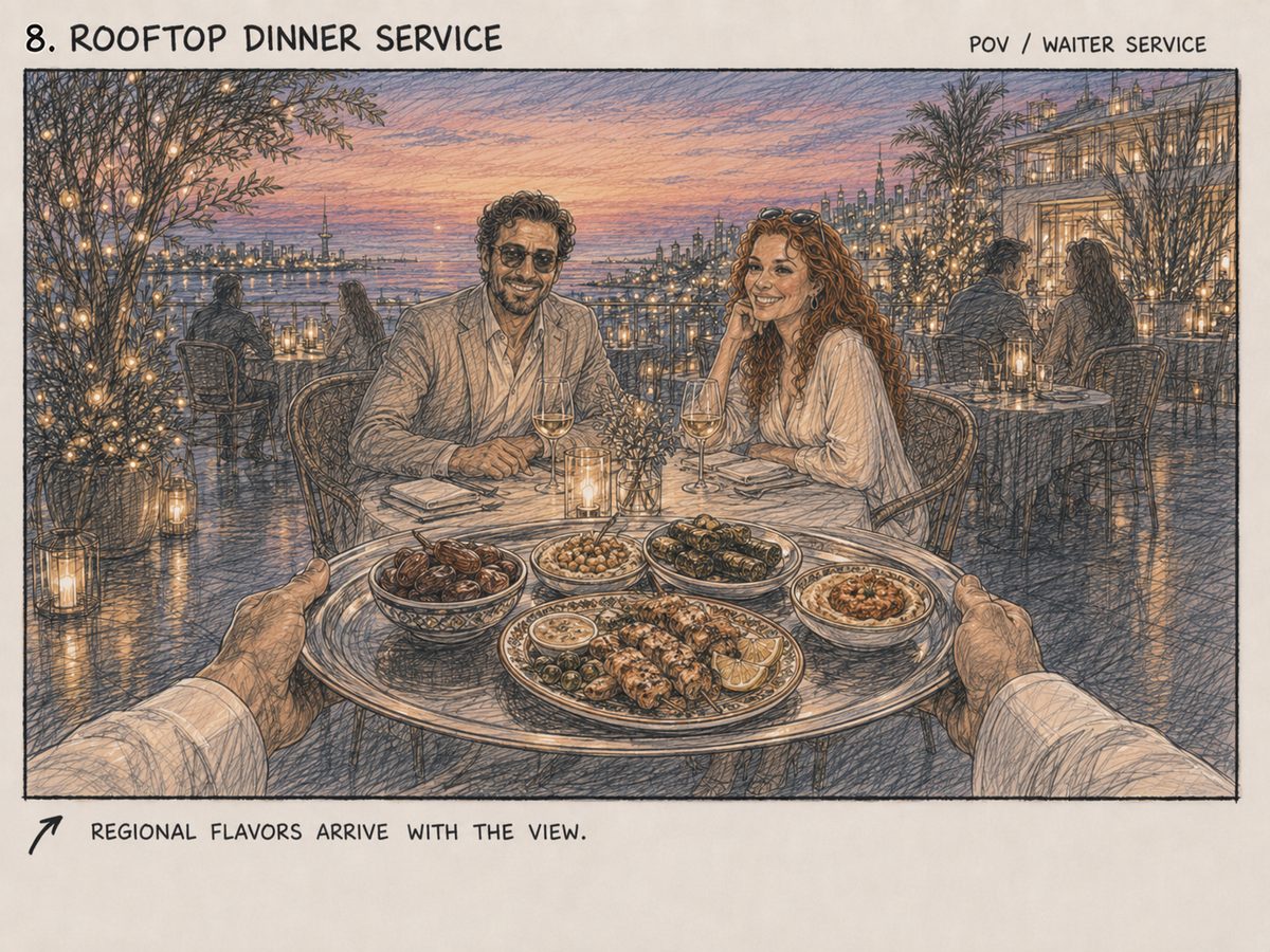 Storyboardframe 8, Rooftop Dinner Service: regionale gerechten worden bij zonsondergang op het dakterras geserveerd.